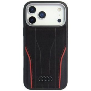 Audi R8 tok valódi bőr MagSafe tok iPhone 17 Pro fekete-piroshoz
