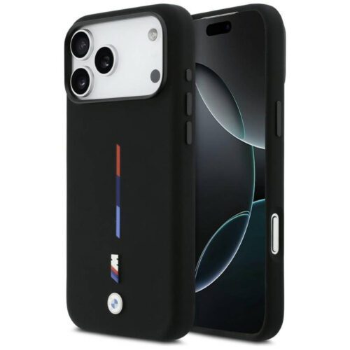 BMW M szilícium Tricolor Line MagSafe tok iPhone 17 Pro Max-hoz Fekete