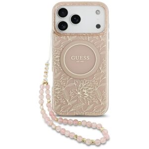 Guess IML Virágok Electro Pearl Strap MagSafe tok iPhone 17 Pro Max rózsaszínű