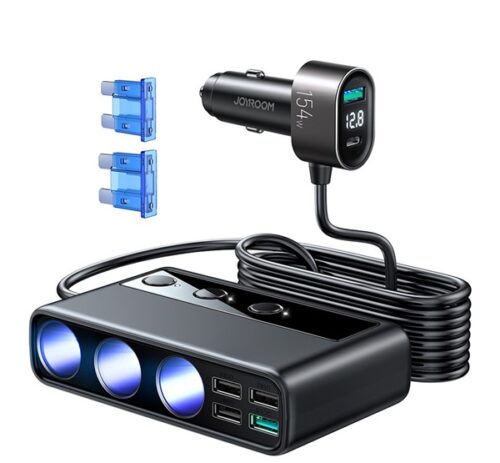 JOYROOM autós töltő 5 USB / 3 szivartöltő / Type-C aljzat (154W