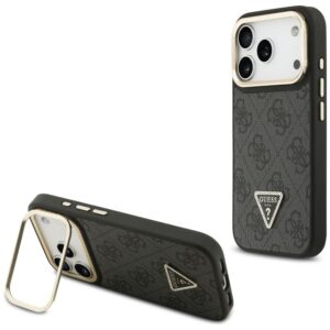 Tojás Guess 4G PU háromszög logó és állvány kamera Magsafe iPhone 17 Pro fekete