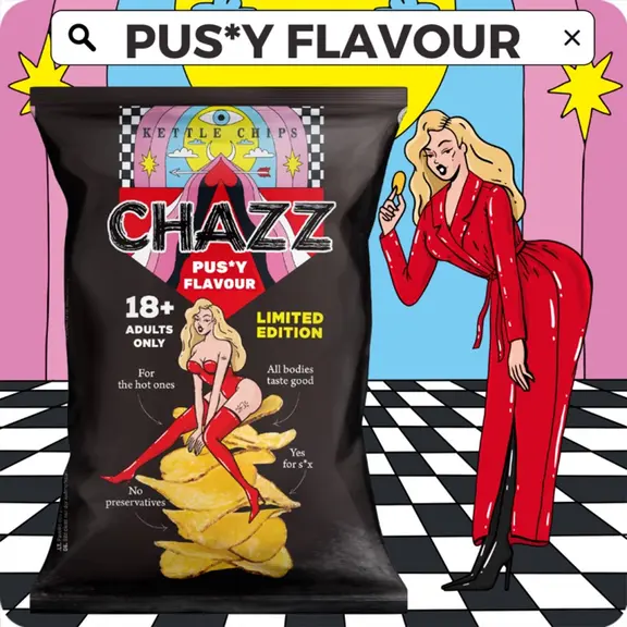 Chazz vagina ízű burgonyachips – egy merész és különleges snack - 90g - közeli lejárat