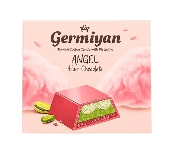 Germiyan Angelhair Ruby Angyalhaj pisztáciakrémmel és vattacukorral töltött epres Dubai csoki 90g