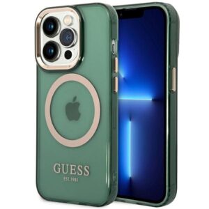 Guess GUHMP14LHTCMA iPhone 14 Pro 6.1" zöld/khaki keménytok arany kontúrú MagSafe áttetsző tok