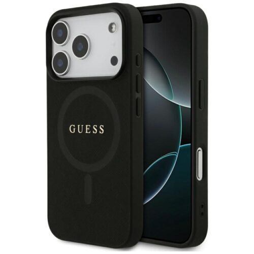 Guess Saffiano klasszikus logós MagSafe tok iPhone 17 Pro-hoz Fekete