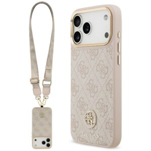 tok Guess 4G Strass Logo & Big Strap fémgombok MagSafe iPhone 17 Pro Max rózsaszínhez